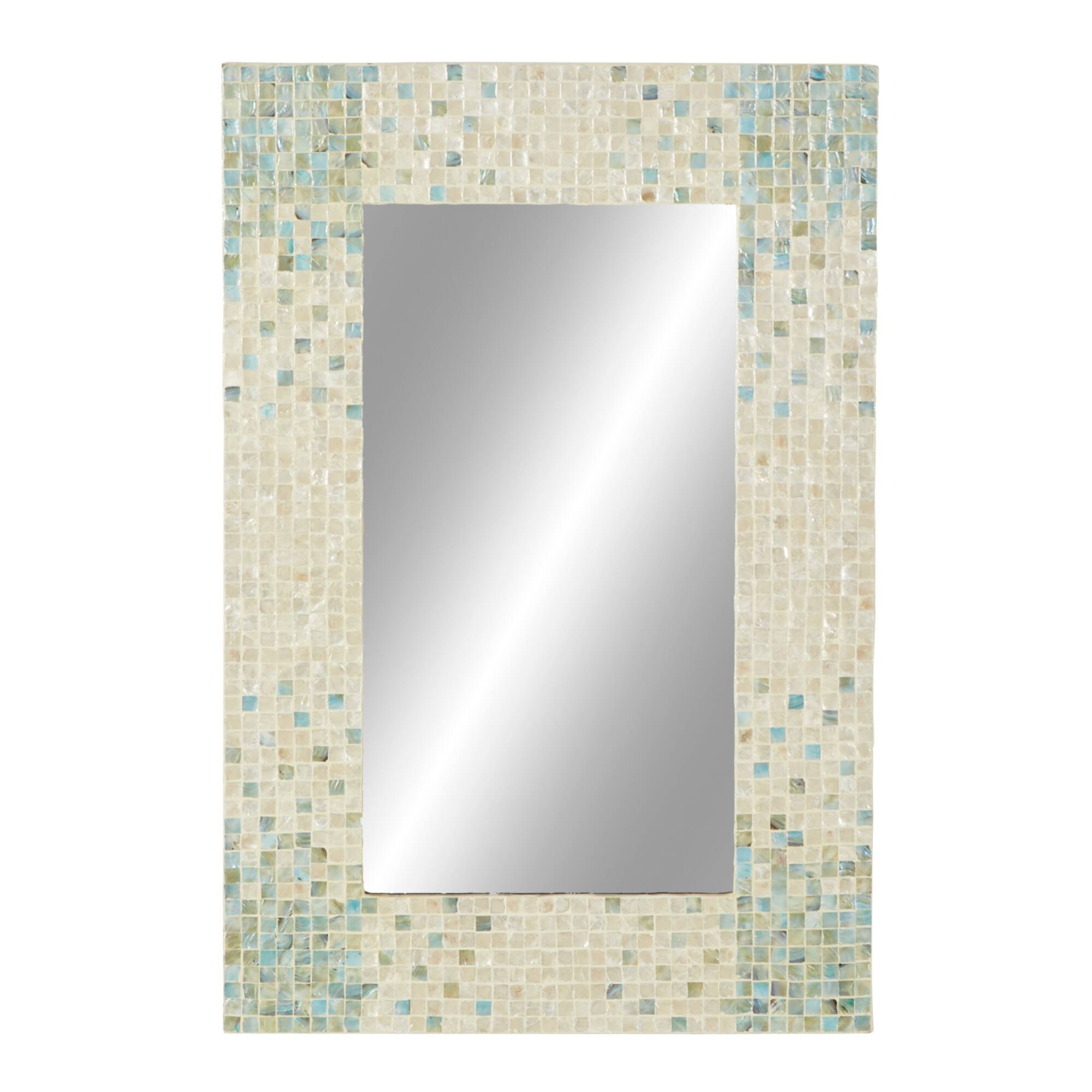 36" Cream & Aqua Coastal Mother Of Pearl Wall Mirror